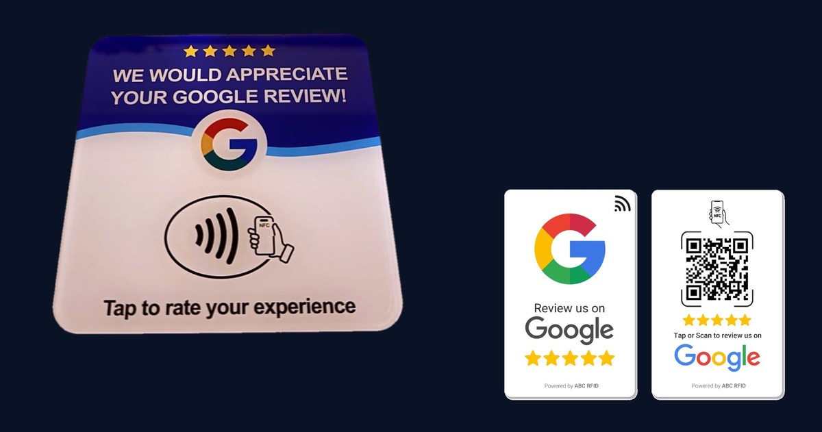 Google review NFC tap cards and a 4.75 inch acrylic tap-to-review placard on a counter.