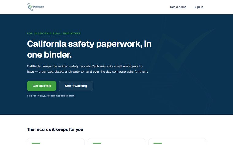 CalBinder website — California safety paperwork software.