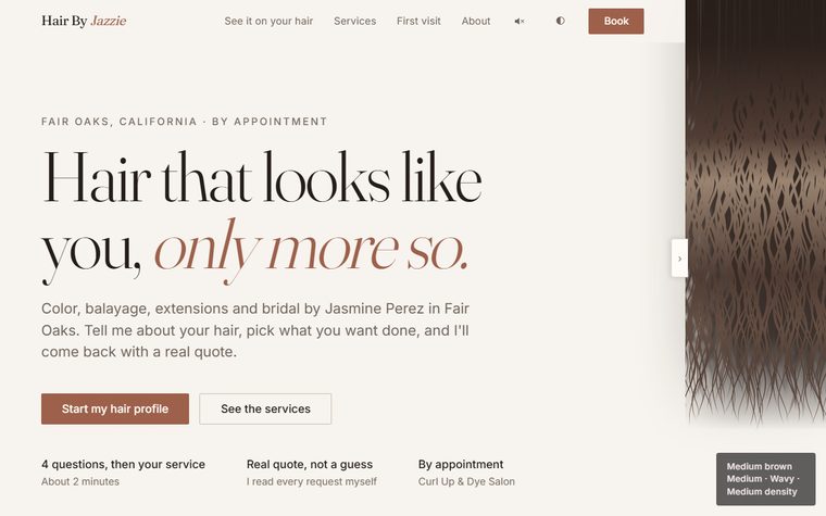 Hair By Jazzie website — a hair stylist in Fair Oaks, California.
