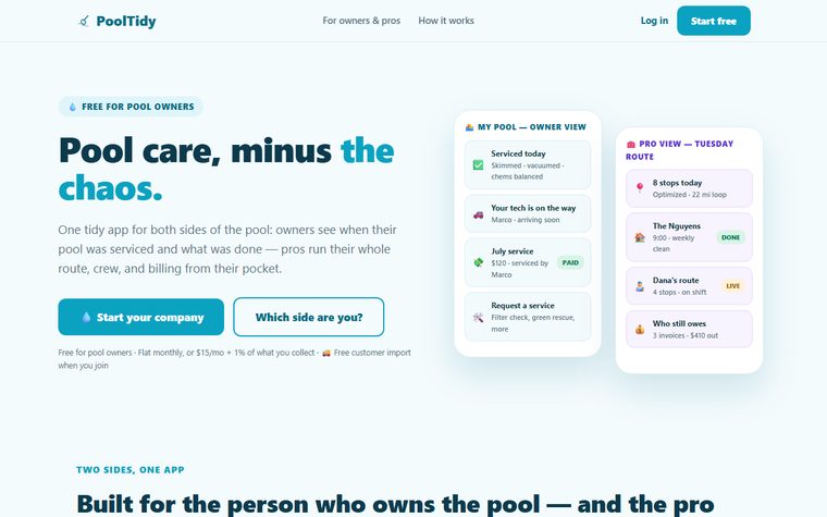 PoolTidy website — pool service software.