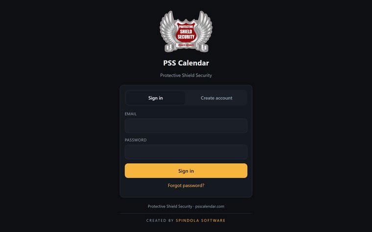 PSS Calendar sign-in screen โ a scheduling and timesheet system for a private security company.